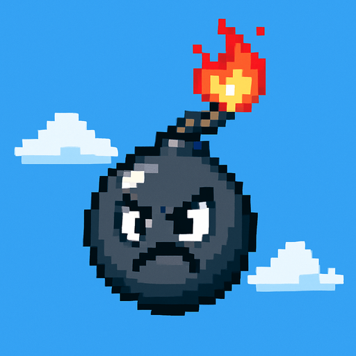 La bomba debe tener un diseño caricaturesco, en forma de esfera negra o gris oscuro con un brillo suave, una mecha encendida con fuego animado en la punta, y si es posible, una carita enojada o con expresión divertida; su estilo debe pixel art limpio, con líneas simples y colores llamativos para que resalte bien contra el fondo del cielo, y debe tener un ligero giro o movimiento mientras cae para darle vida..
In-Game asset.  2d.  High contrast.  No shadows