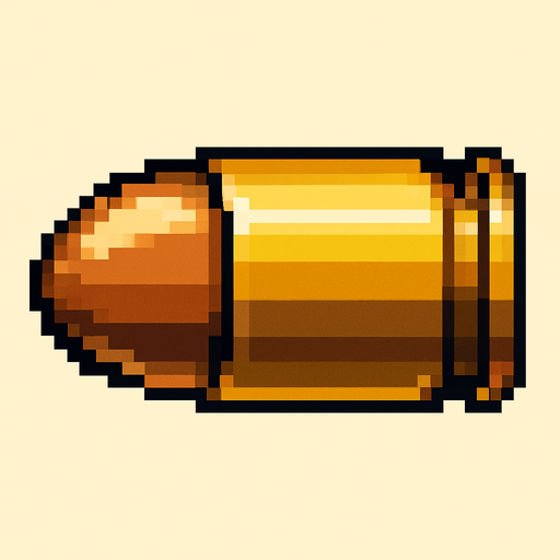 una bala de pistola 9 milimetros hecha con pixeles con perspectiva lateral.
In-Game asset.  2d.  High contrast.  No shadows