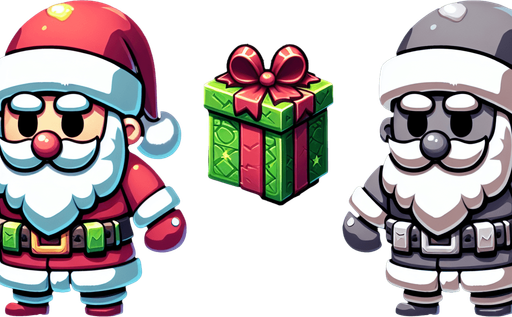 christmas present for kind santa, cartoon, power up Single Game Texture. In-Game asset. 2d. Blank background. High contrast. No shadows.
