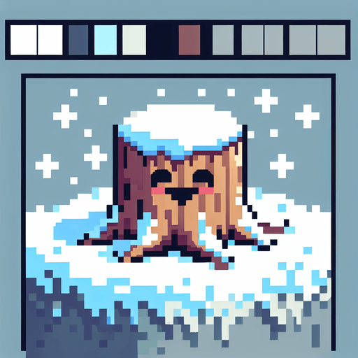 pixel art of a tree stump covered in snow. Single Game Texture. In-Game asset. 2d. Blank background. High contrast. No shadows.