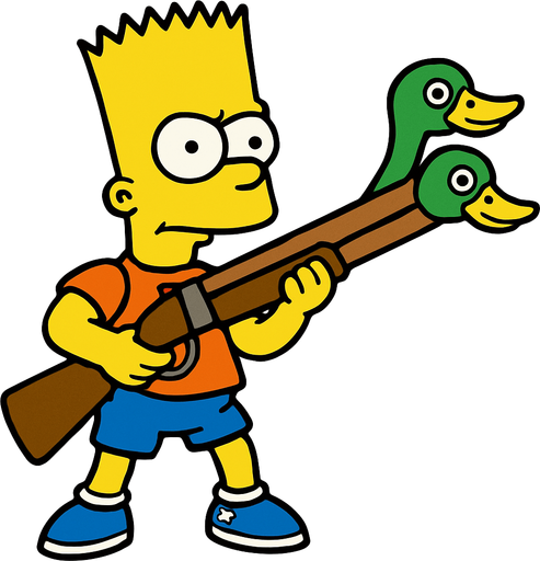 Bart holding a shotgun with 2 duck heads instead of barrels and make sure that Bart's body is fully visible
In-Game asset.  2d.  High contrast.  No shadows