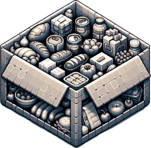 Box of food.
Single Game Texture.  In-Game asset.  2d.  Blank background.  High contrast.  No shadows