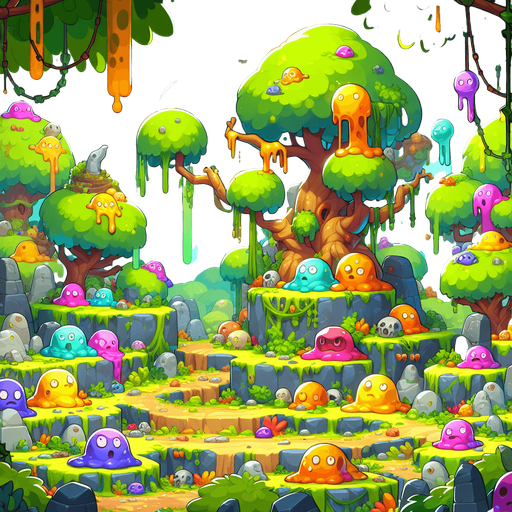 Fullscreen medieval landscape banner, 16:9, high definition, for a game titled "Slime Bestiary". Medieval forest with multiple colored slimes. No text on banner!