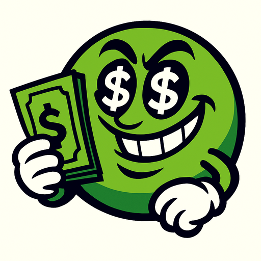 A rich, greedy green ball has a wad of cash in his hand.
In-Game asset.  High contrast.  No shadows