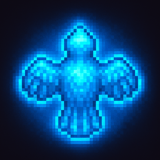 "Top-down 2D pixel art of a bird, viewed from a perfect 90-degree angle directly overhead (true bird’s-eye view), facing away from the viewer (back view). A glowing blue aura. The entire character appears as a semi-transparent blue hologram, glowing slightly with a futuristic shimmer. The lighting is soft and ambient, suitable for a fantasy RPG game. Style is classic 16-bit RPG pixel art, SNES-era quality. Transparent background.".
In-Game asset.  2d.  High contrast.  No shadows