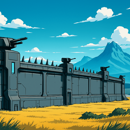 scifi future horizontal military wall of border land. mountain and landscape far distance. anime style.
In-Game asset.  2d.  High contrast.  No shadows