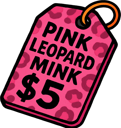 price tag that says pink leopard mink $5.
In-Game asset.  2d.  High contrast.  No shadows