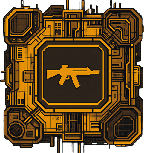 2D Top floor of complicated tower facing the screen to use it as a grid. future. Cyberpunk. abstract. seen from above. HD colors. Yellow & brown colors. No Diagonal assets. Big logo of a Rifle firing on the middle of it.