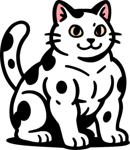 kaslı ve beyaz ama üstünde siyah benekelri olan tatlı bir kedi.
In-Game asset.  2d.  High contrast.  No shadows