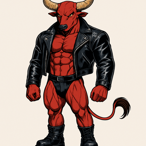 idle animation hunky Minotaur man Cyberpunk manga, minotaur monster hunk, shiny black leather biker jacket longsleeves shirtless muscles, jockstrap combat boots, Background removed, "Full-body character, entirely in frame, no cropping of face, head, or feet" "Complete character visible, from horns to hooves, fully centered in the image" "Entire character, including face and boots, fully within the frame" Character fully contained within a square frame, no edges cut off fashion model idle pose