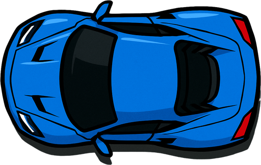 Sports Car,blue,2d,game asset,png,upper profile.
In-Game asset.  2d.  High contrast.  No shadows,upper look,upper side