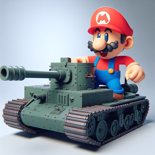 Mario driving a tank.
Single Game Texture.  In-Game asset.  2d.  Blank background.  High contrast.  No shadows