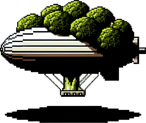 an evil broccoli airship.
Single Game Texture. In-Game asset. 2d. Blank background. High contrast. No shadows. 8bit