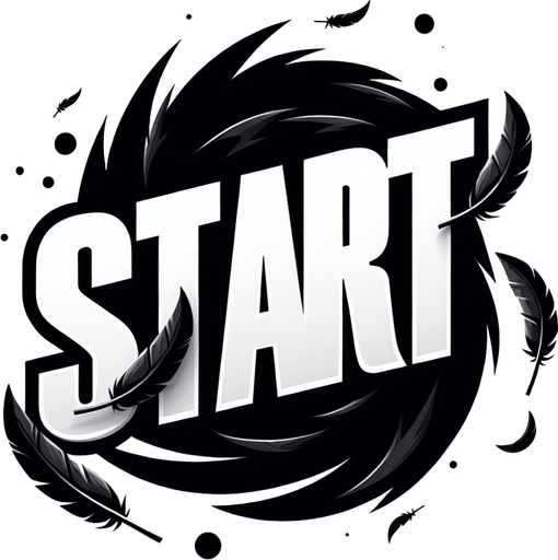 A white SVG with big bold letters, that says “Start”. A couple black feathers flying off the edge of the word. Single Game Texture.  In-Game asset.  2d.  Blank background.  High contrast.  No shadows
