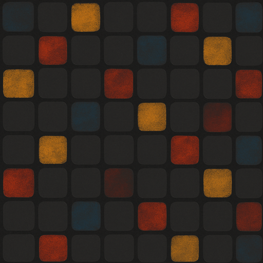 şekli ve mantığı bozma. her bir karenin rengine rasgele şu 4 renkten birini ekle ama sıvı boya mantığıyla düşün %15 ekle yanı hala koyu gri olsun ama çok az renk karıştır. turuncu, kırmızı, sarı, mavi her bir karenin rengine rasgele