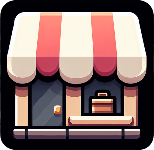 Shop icon in a square box.
Single Game Texture. In-Game asset. 2d. Blank background. High contrast. No shadows.