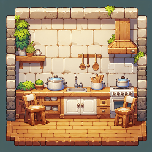 mutfak.
Single Game Texture.  In-Game asset.  2d.  Blank background.  High contrast.  No shadows