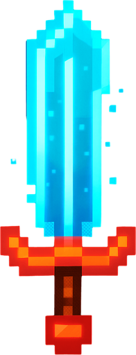 Diseña una espada estilo pixel art, sencilla pero llamativa. Debe ser fácil de animar o colocar junto a un personaje. El mango debe ser corto y simple, y la hoja puede ser recta o con un brillo digital. Usa colores llamativos como azul neón, rojo fuego o plateado con detalles pixelados. El diseño debe parecer futurista o mágico, como si fuera un arma especial de un guerrero digital..
In-Game asset.  2d.  High contrast.  No shadows