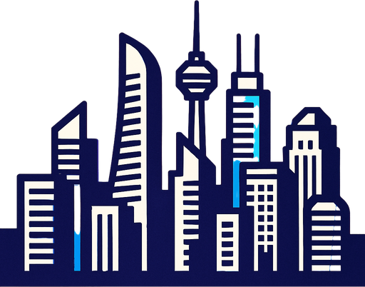 The skyline of a modern city.
In-Game asset.  2d.  High contrast.  No shadows