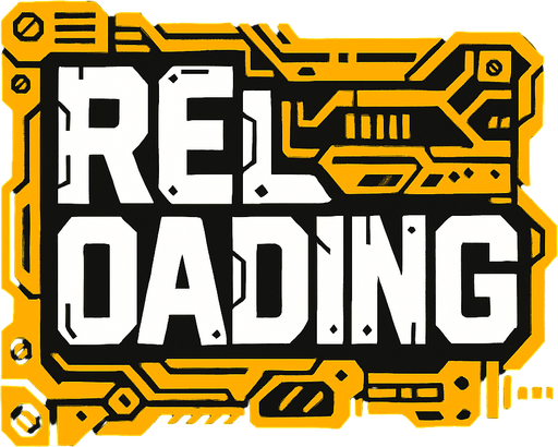 `Reloading` word but mecha style.
In-Game asset.  2d.  High contrast.  No shadows