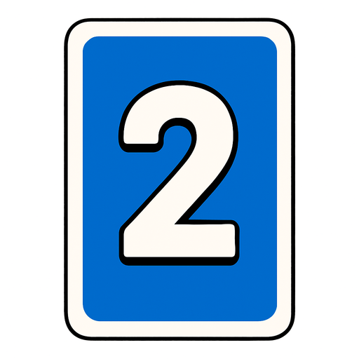 Rectangular card numbered 2, with a white border around it and a blue background..
In-Game asset.  2d.  High contrast.  No shadows
