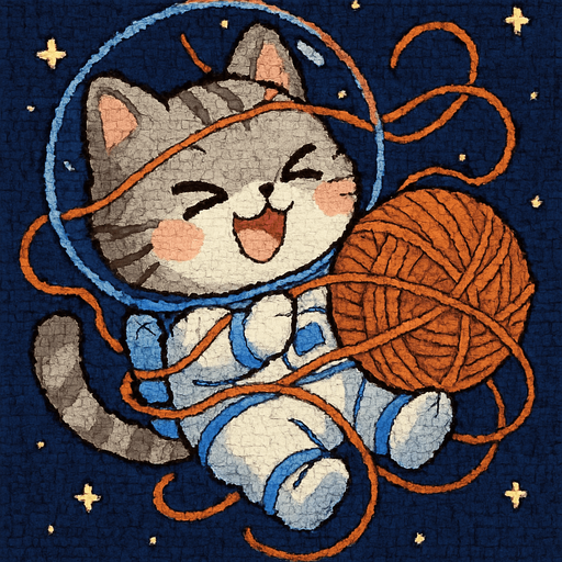 A cute kitten, illustrated in an adorable chibi anime style and wearing an astronaut suit, is playfully tangled in a ball of yarn, floating through space with overwhelming joy. Its eyes are shut tight in pure happiness, and its movements are full of energetic delight.