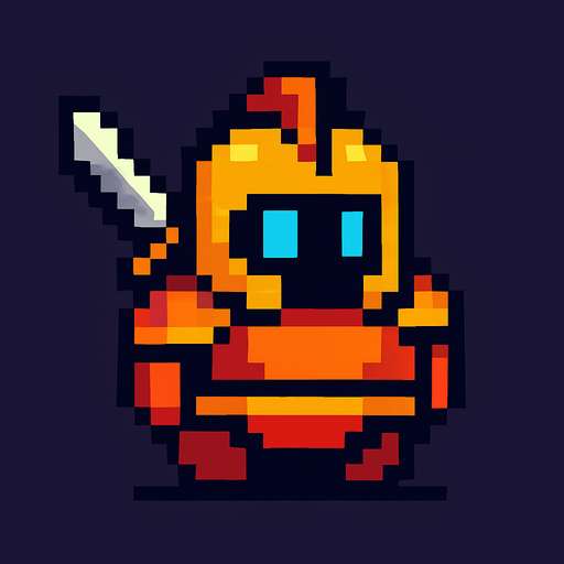Crea un personaje estilo pixel art, un guerrero simple y fácil de animar. No debe tener manos ni piernas visibles, solo un cuerpo principal con forma redonda u ovalada. El diseño debe sugerir que es un guerrero usando colores llamativos, ojos brillantes o una armadura pixelada pegada al cuerpo. Puede tener una espada flotando al lado o en la espalda como decoración. Debe verse como un personaje de videojuego, pero sin partes que necesiten animación compleja..
In-Game asset.  2d.  High contrast.  No shadows