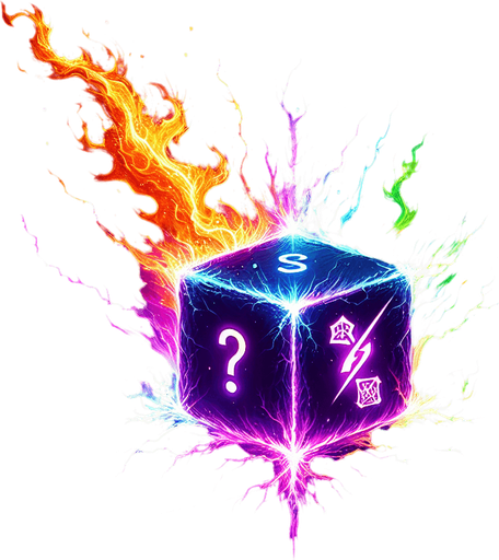 A crackling spark of energy rapidly shifting between multiple colors (purple, green, orange). Could also be a die symbol with elemental icons instead of pips, or a weapon impact with a question mark..
Single Game Texture.  In-Game asset.  2d.  Blank background.  High contrast.  No shadows