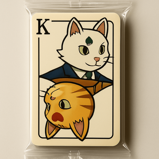 A booster pack of collectible cards in the plastic packaging. On the package is a picture of these two cats as if they are the King on a card in a deck of regular playing cards. The white one is on top facing left and the bottom one is the mirror facing right, side profile, just like a king on a regular playing card. There is a K in the top left corner to mark the King, but no suit.