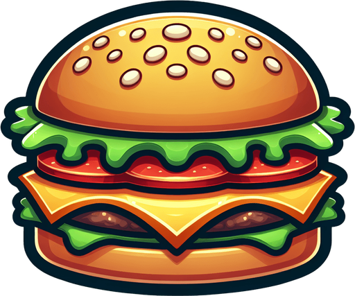 hamburger,2d,cartoon,blank background.
Single Game Texture.  In-Game asset.  2d.  Blank background.  High contrast.  No shadows