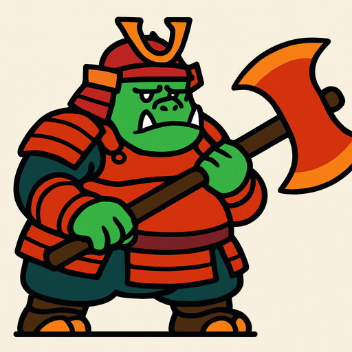side scroller image fat orc samurai front holding big axe.
In-Game asset.  2d.  High contrast.  No shadows
