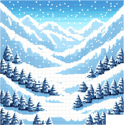 white snowy valley background. Single Game Texture. In-Game asset. 2d. High contrast. No shadows. pixelated. 8 bit
