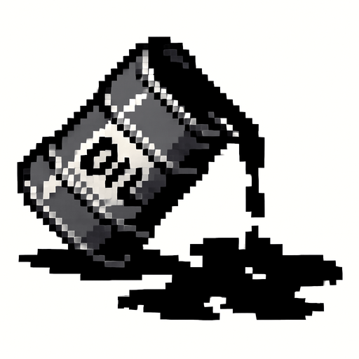 un barril derramando petroleo negro hecho con pixeles In-Game asset.  2d.  High contrast.  No shadows