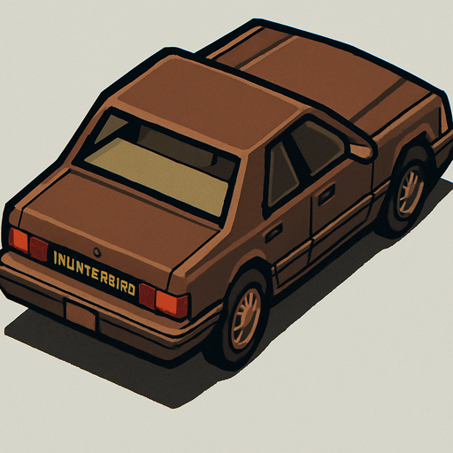 Brown Ford sedan thunder bird car, seen from behind Top-down, gta2, Single Game Texture. In-Game asset. 2d. Blank background. High contrast. No shadows.isometric its looks retro. In-Game asset. 2d. High contrast. No shadows