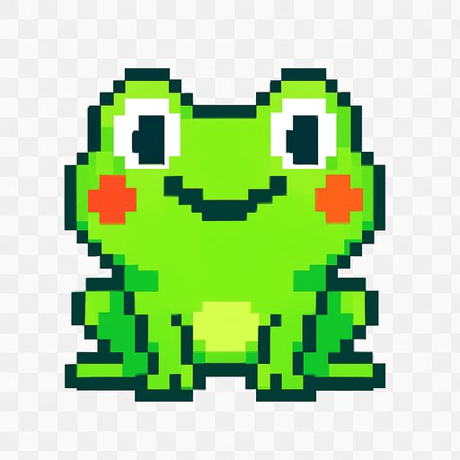 La rana debe ser un personaje simpático de color verde brillante, con ojos grandes y expresivos que miran al frente, mejillas redondeadas y una sonrisa divertida; su cuerpo debe ser compacto y ligeramente ovalado, con patas traseras marcadas pero no exageradas, diseñada en estilo pixel art, y puede tener una pequeña animación de parpadeo o un leve rebote para darle vida; el fondo debe ser transparente y el estilo visual debe coincidir con un juego colorido y casual..
In-Game asset.  2d.  High contrast.  No shadows