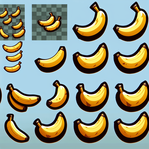 Bananas
Single Game Texture. In-Game asset. 2d. Blank background. High contrast. No shadows.