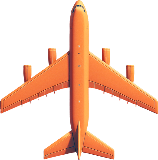 A cargo plane from top view (2d) of orange colour.
Single Game Texture. In-Game asset. 2d. Blank background. High contrast. No shadows.