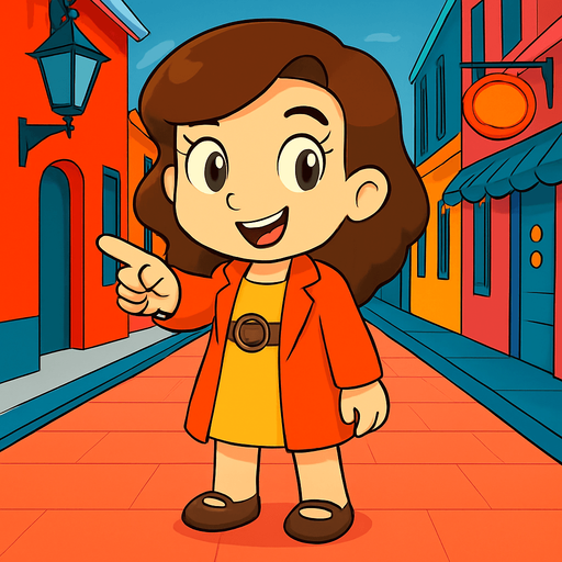 Make her point forward with her right hand and she has a happy look on her face