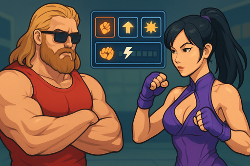 Fullscreen modern App Store landscape banner, 16:9, high definition, for a game titled "Chad Hardwood Turn-Based Fighter" and with the description "A turn-based fighting game where players battle through 10 increasingly challenging opponents. Choose from 4 attack options with different damage and energy costs. Manage your energy wisely - when it's depleted, your turn ends. Defeat each opponent to advance and become the ultimate Fighter.". Chad Hardwood is muscular long haired bearded sunglasses man, and his opponent is japanese sexy looking body fighter girl wearing sexy purple fight dress. No text on banner!