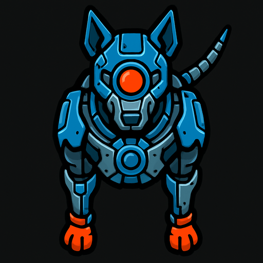 Perro ciborg visto desde arriba.
In-Game asset.  2d.  High contrast.  No shadows