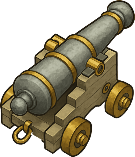 17. century light gray with gold cannon for seaside only naked shooting cannon topdownlook medieval-semirealistic,.
In-Game asset.  2d.  High contrast.  No shadows