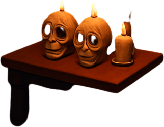 3D Scary room with many 3D decorations around, 3D scary masks of memes from movies around it.
In-Game asset.  3D.  High contrast.  No shadows. no jesus cross. no star of 6. no start of 5. no devil. HD colors