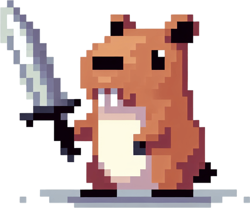 Capibara con una espada y pixelado.
Single Game Texture.  In-Game asset.  2d.  Blank background.  High contrast.  No shadows