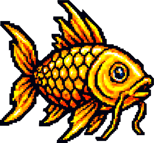 A shining golden mythical fish. Side profile, swimming. 
80s arcade machine graphics. White background. 
In-Game asset.  2d.  High contrast.  No shadows