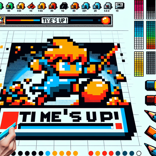 cartoon and 8 bit message. reads:

Time's Up!.
Single Game Texture. In-Game asset. 2d. Blank background. High contrast. No shadows.