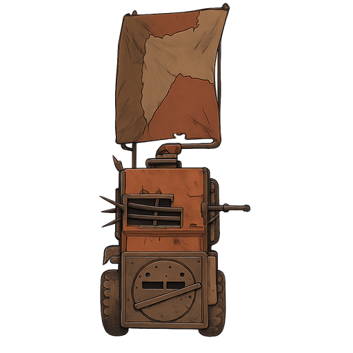 It will be in the style of a Mad Max truck and will have a top view. No background. Transparent background. Blank background. No shadows. 2d. In-Game asset. flat