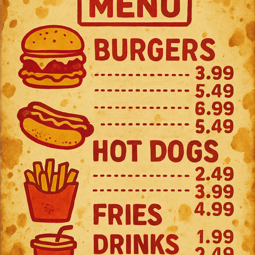 a greasy fast food styled menu with stains.
In-Game asset.  2d.  High contrast.  No shadows