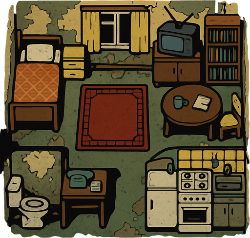 A 80's Soviet apartment, slightly ruined but in use.
In-Game asset.  2d.  High contrast.  No shadows. Top down view
