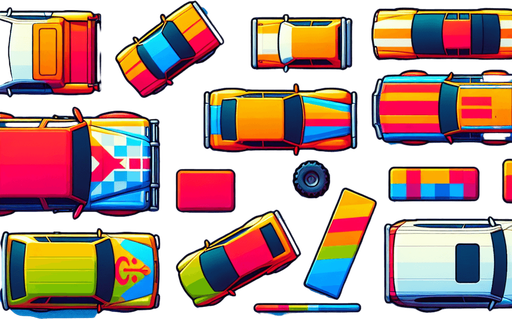 colorful car. orthographic top view.
Single Game Texture.  In-Game asset.  2d.  Blank background.  High contrast.  No shadows