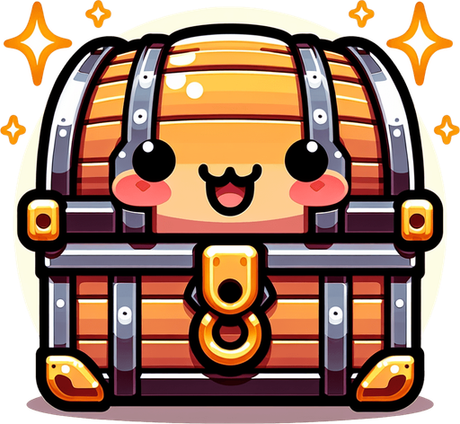 chibi treasure chest.
Single Game Texture.  In-Game asset.  2d.  Blank background.  High contrast.  No shadows